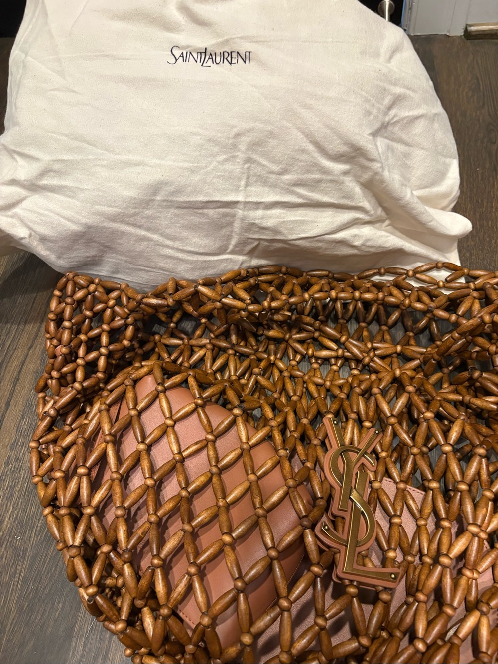 Saint Laurent Brown Woven Wood-Bead Icare medium yacht Tote with Gold YSL Italy - Picture 11 of 15